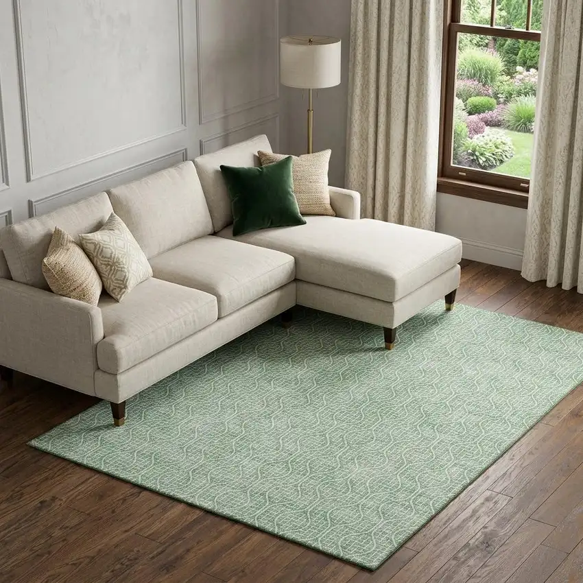Sage And Ivory Geometric Washable Area Rug With UV Protection Photo 1