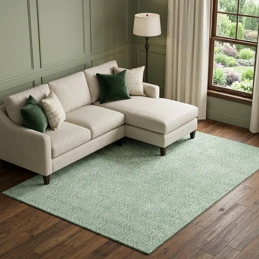 Sage And Ivory Geometric Washable Area Rug With UV Protection Photo 1