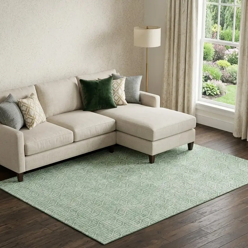 Sage And Ivory Geometric Washable Area Rug With UV Protection Photo 1