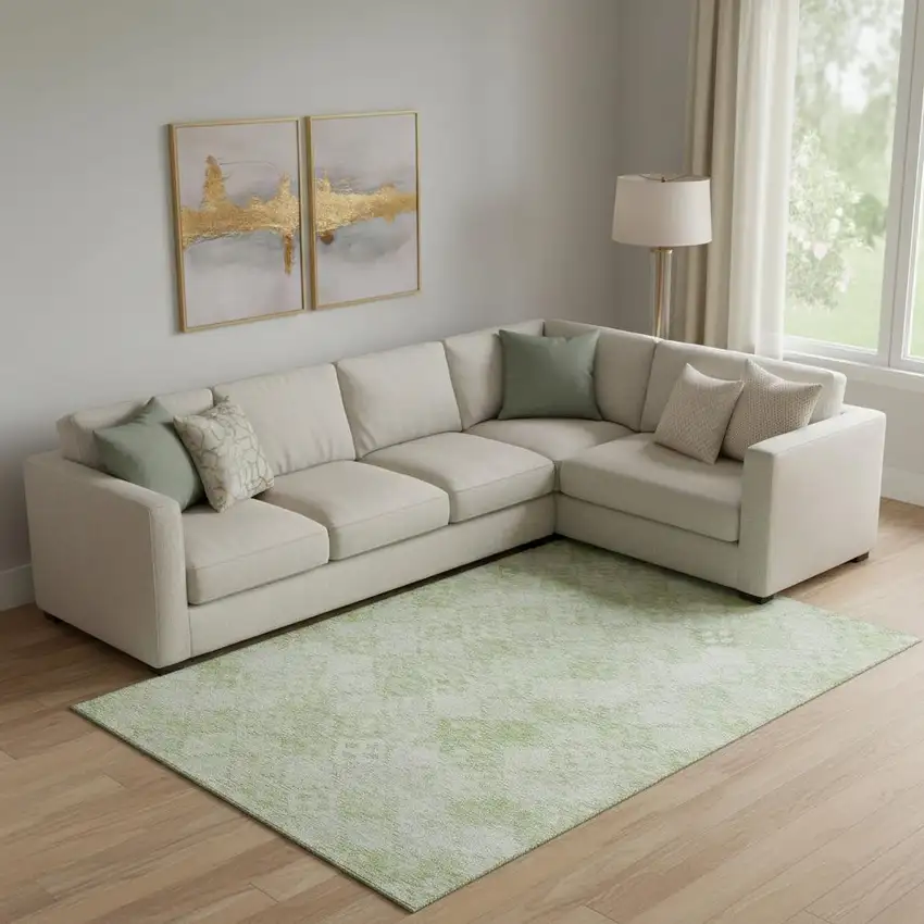 Sage And Ivory Geometric Washable Area Rug With UV Protection Photo 2