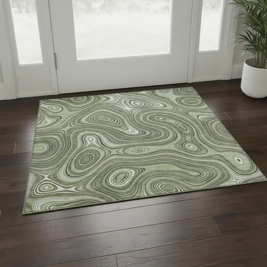 Sage And Ivory Geometric Washable Area Rug With UV Protection Photo 2