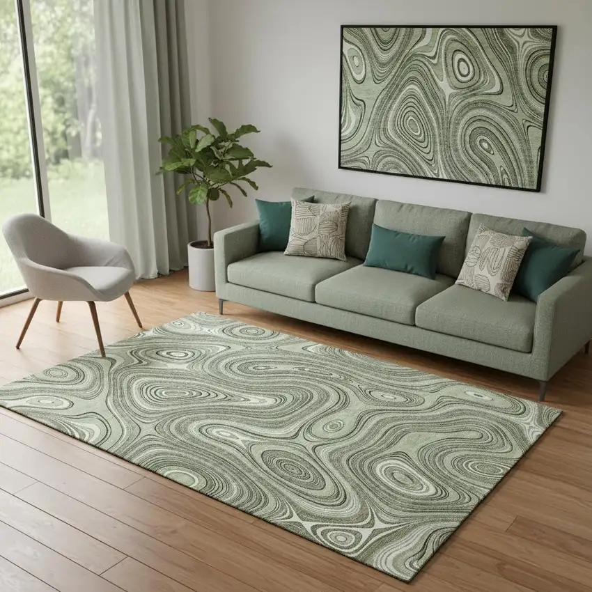 Sage And Ivory Geometric Washable Area Rug With UV Protection Photo 2