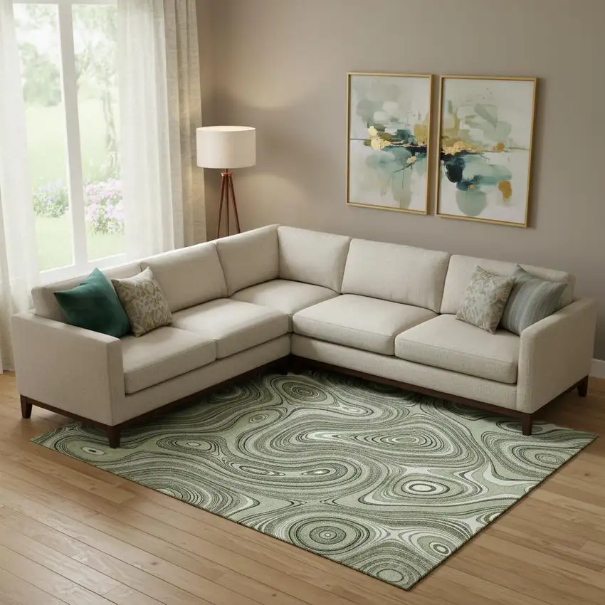 Sage And Ivory Geometric Washable Area Rug With UV Protection Photo 2