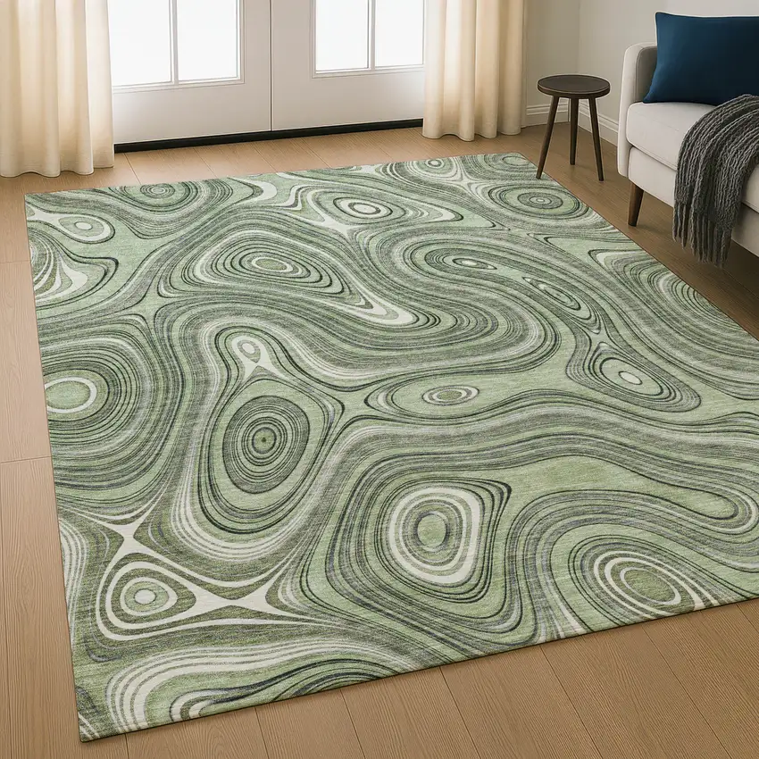 Sage And Ivory Geometric Washable Area Rug With UV Protection Photo 5