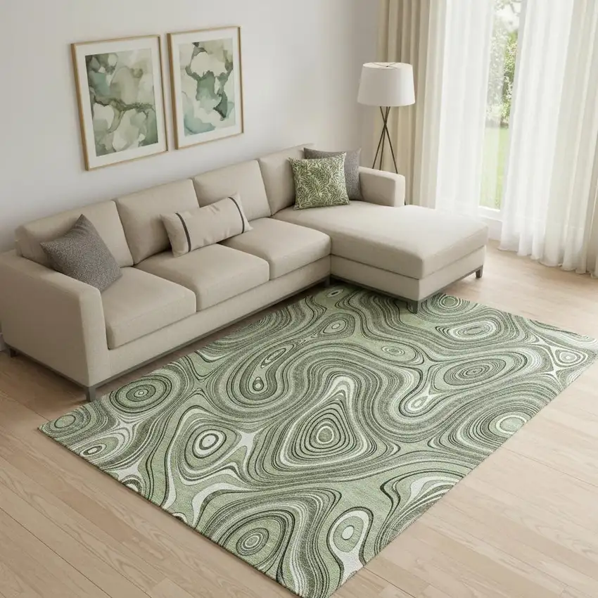 Sage And Ivory Geometric Washable Area Rug With UV Protection Photo 2