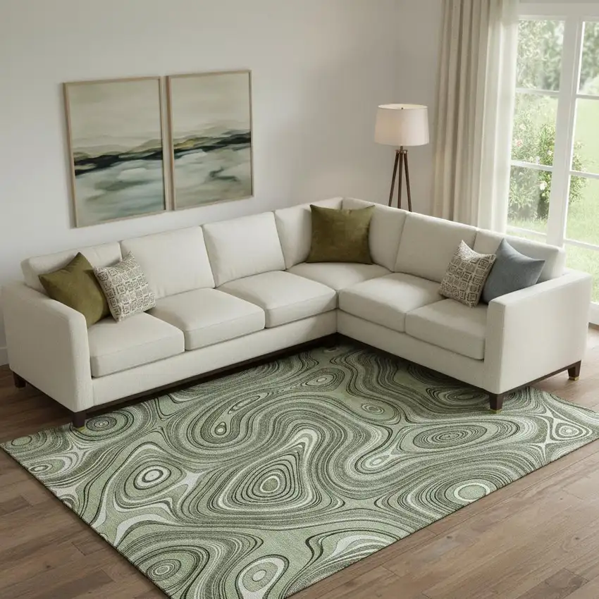 Sage And Ivory Geometric Washable Area Rug With UV Protection Photo 2