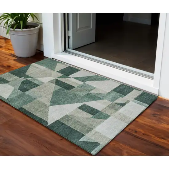 Sage And Ivory Geometric Washable Indoor Outdoor Area Rug Photo 1