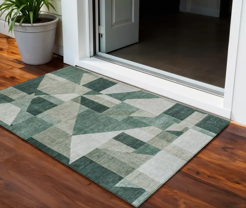 Sage And Ivory Geometric Washable Indoor Outdoor Area Rug Photo 1