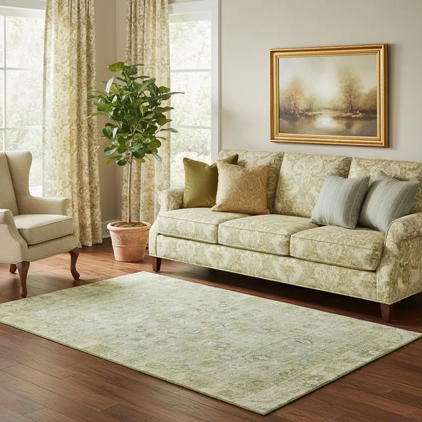 Sage And Ivory Oriental Washable Area Rug With UV Protection Photo 2