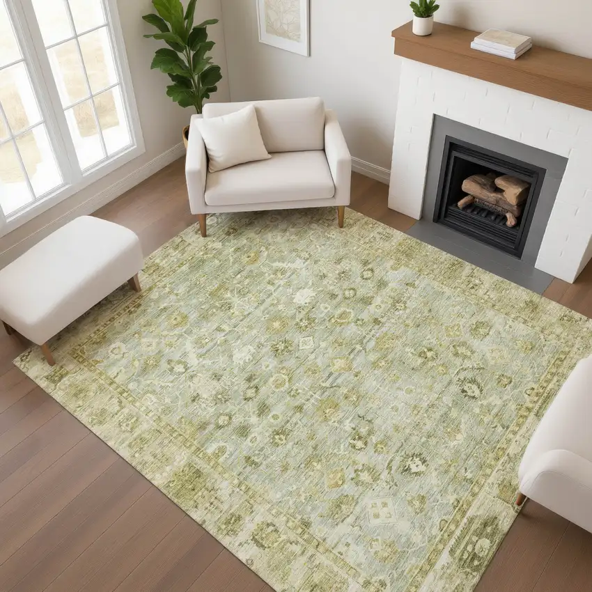 Sage And Ivory Oriental Washable Area Rug With UV Protection Photo 3