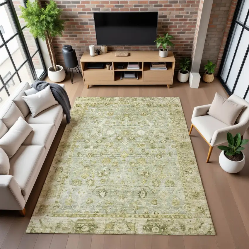 Sage And Ivory Oriental Washable Area Rug With UV Protection Photo 4