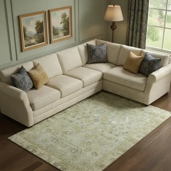 Sage And Ivory Oriental Washable Area Rug With UV Protection Photo 2