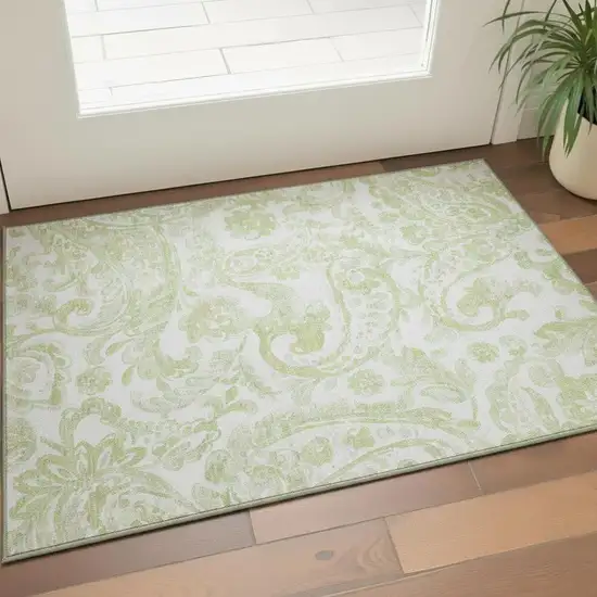 Sage And Ivory Paisley Washable Area Rug With UV Protection Photo 2