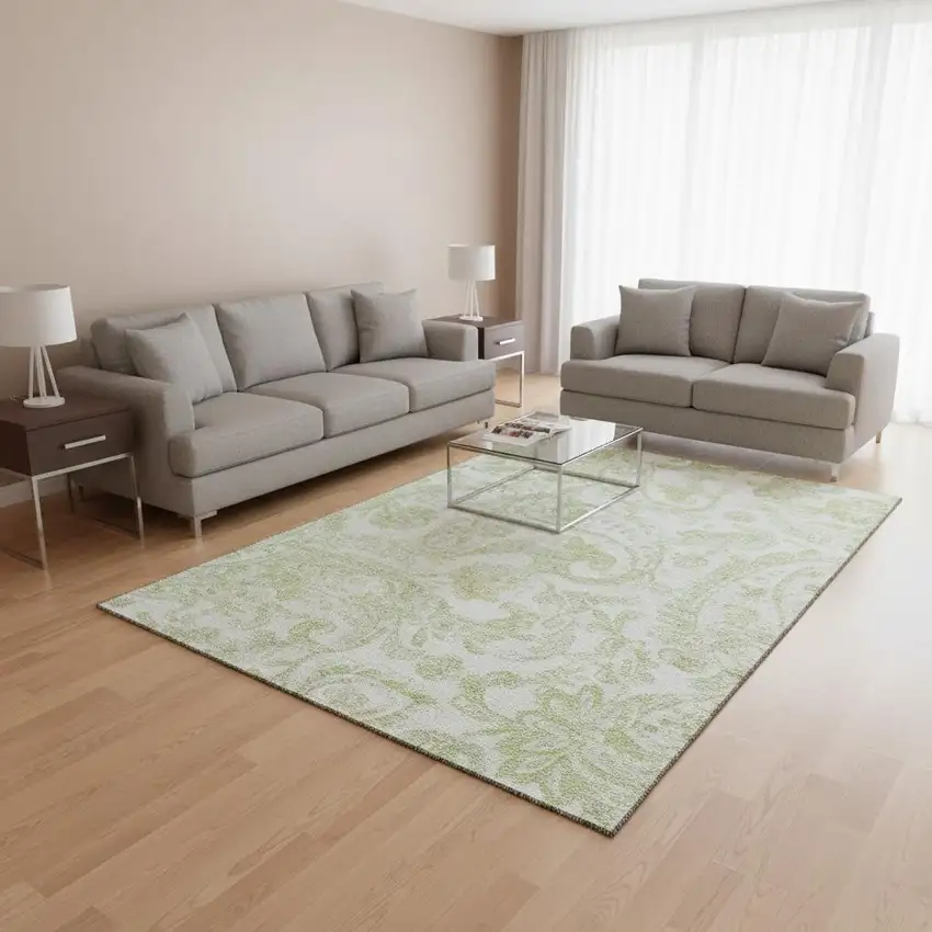 Sage And Ivory Paisley Washable Area Rug With UV Protection Photo 2