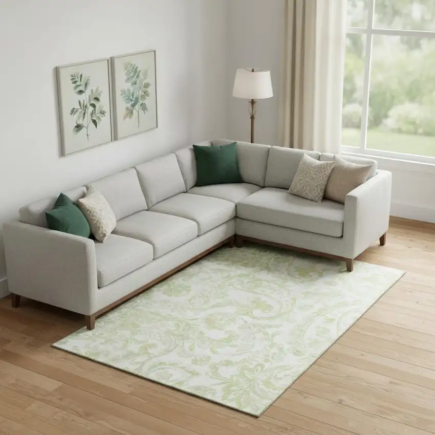 Sage And Ivory Paisley Washable Area Rug With UV Protection Photo 1