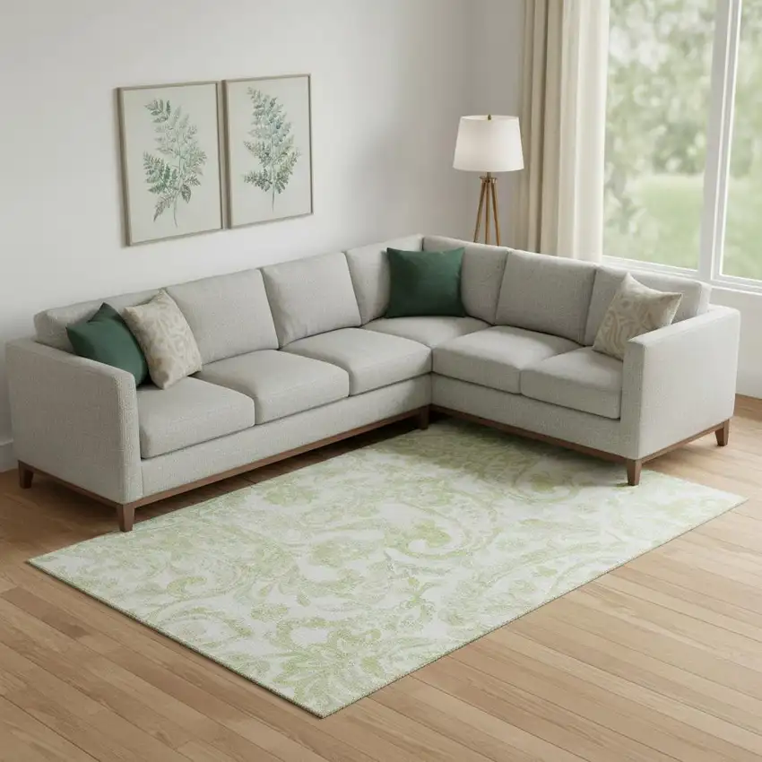 Sage And Ivory Paisley Washable Area Rug With UV Protection Photo 1