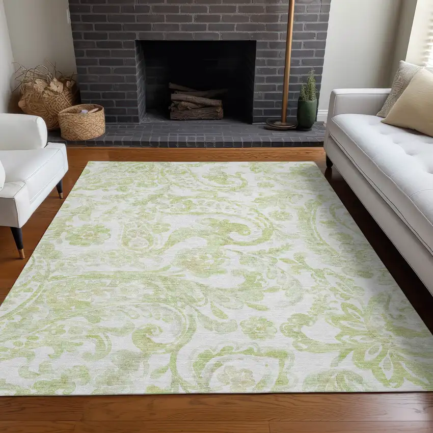 Sage And Ivory Paisley Washable Area Rug With UV Protection Photo 4
