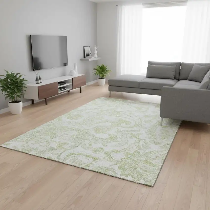 Sage And Ivory Paisley Washable Area Rug With UV Protection Photo 2