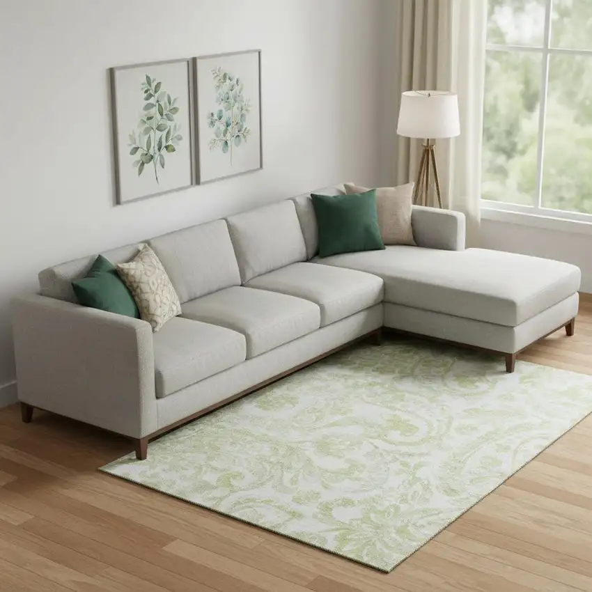 Sage And Ivory Paisley Washable Area Rug With UV Protection Photo 1