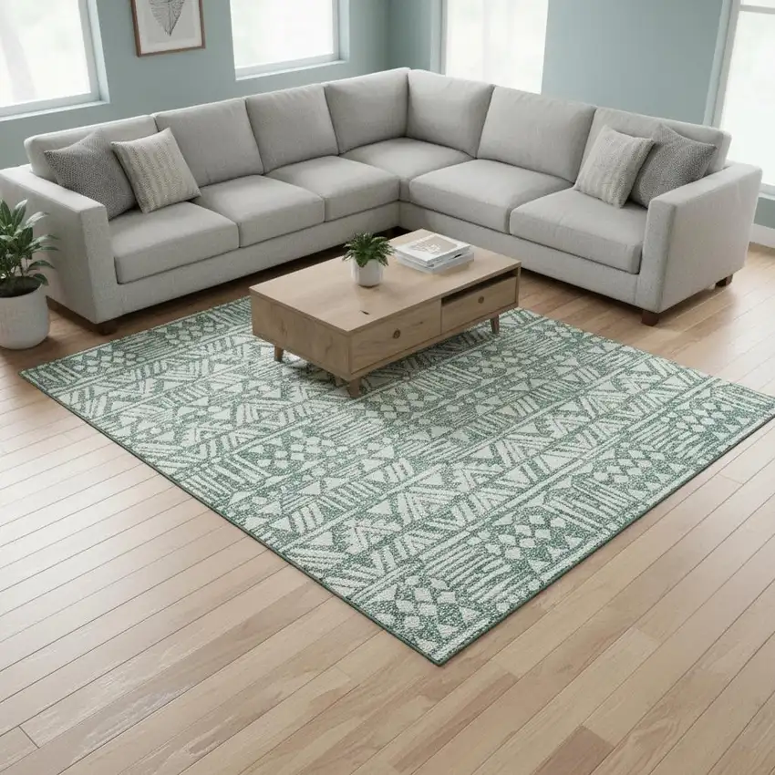 Sage And Ivory Southwestern Washable Area Rug With UV Protection Photo 2