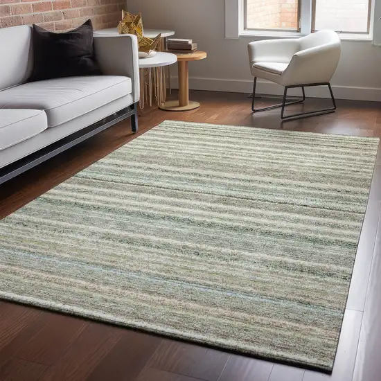 Sage And Ivory Striped Washable Area Rug With UV Protection Photo 4