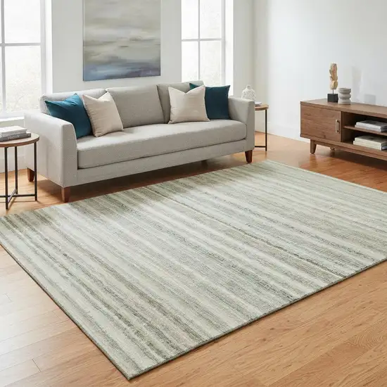Sage And Ivory Striped Washable Area Rug With UV Protection Photo 2