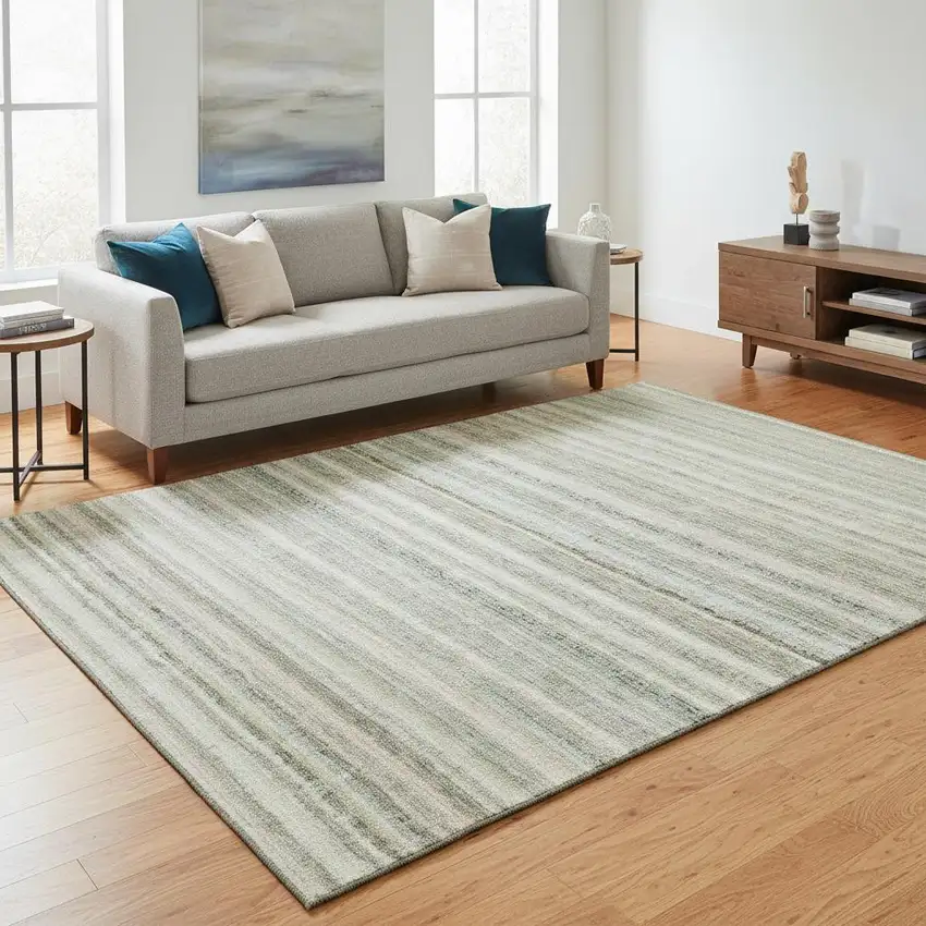 Sage And Ivory Striped Washable Area Rug With UV Protection Photo 2