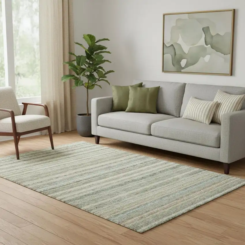 Sage And Ivory Striped Washable Area Rug With UV Protection Photo 2