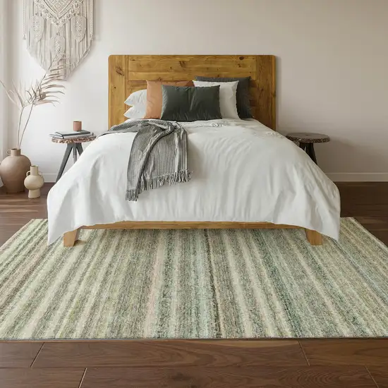 Sage And Ivory Striped Washable Area Rug With UV Protection Photo 5
