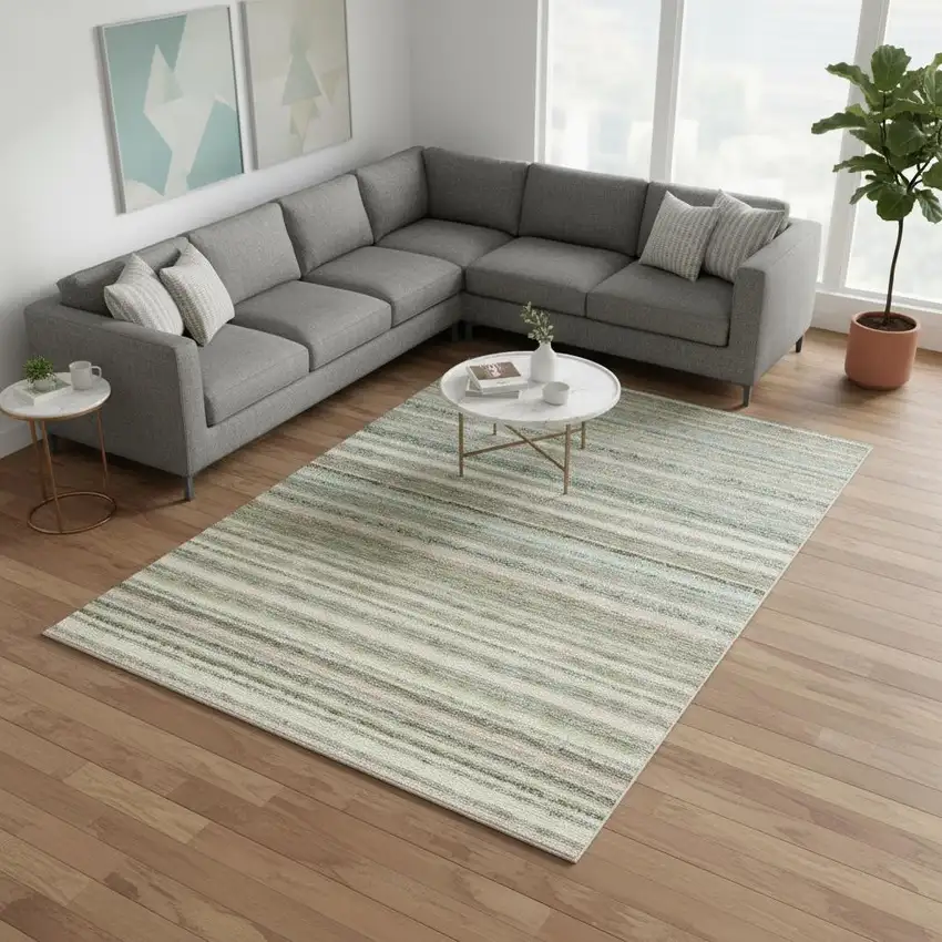 Sage And Ivory Striped Washable Area Rug With UV Protection Photo 2