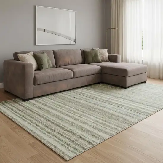 Sage And Ivory Striped Washable Area Rug With UV Protection Photo 1