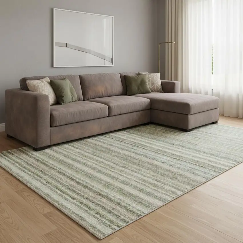 Sage And Ivory Striped Washable Area Rug With UV Protection Photo 1