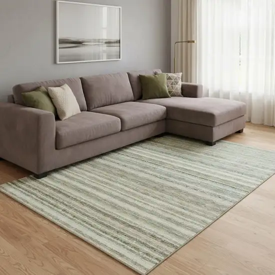 Sage And Ivory Striped Washable Area Rug With UV Protection Photo 1