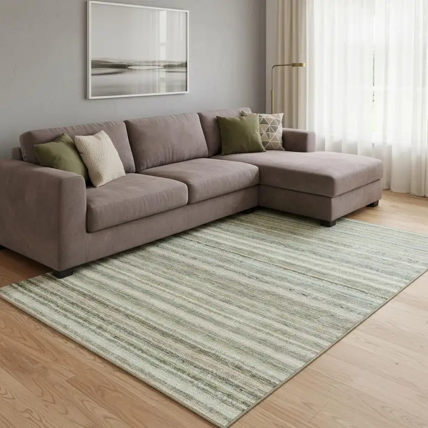 Sage And Ivory Striped Washable Area Rug With UV Protection Photo 1