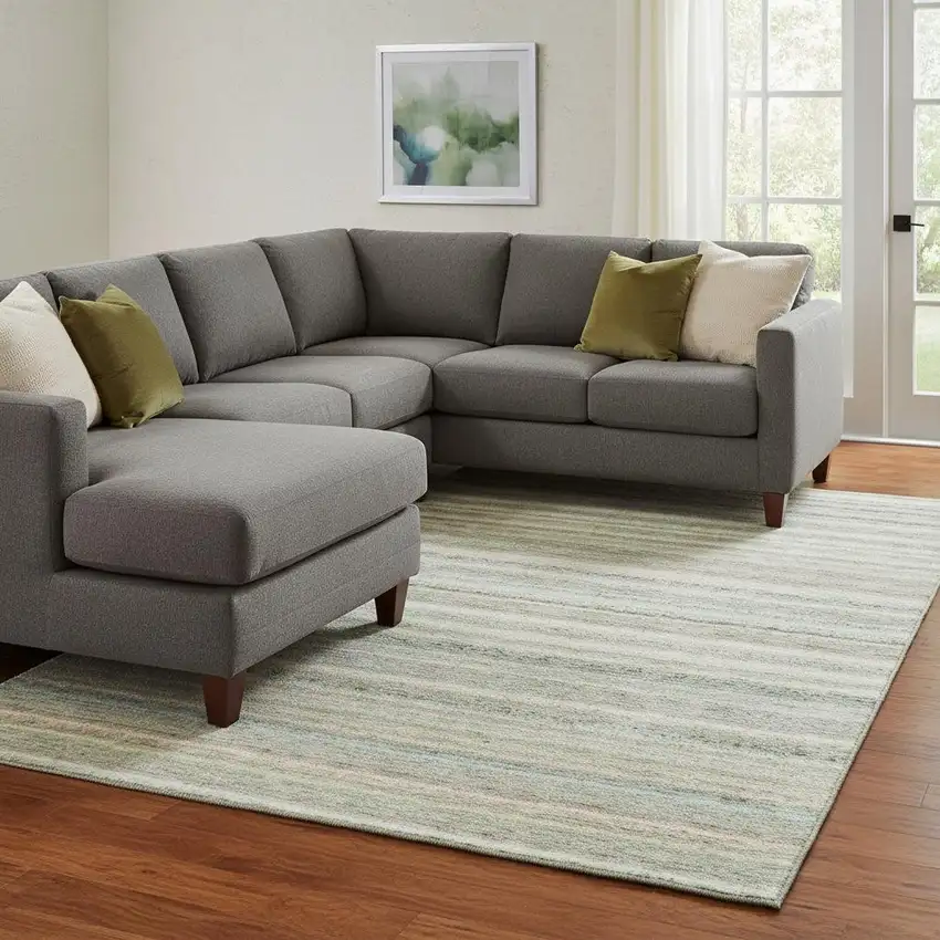 Sage And Ivory Striped Washable Area Rug With UV Protection Photo 1