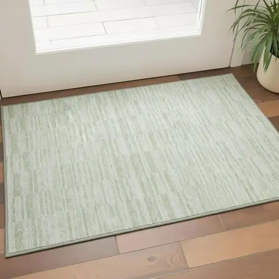 Sage And Ivory Striped Washable Area Rug With UV Protection Photo 2