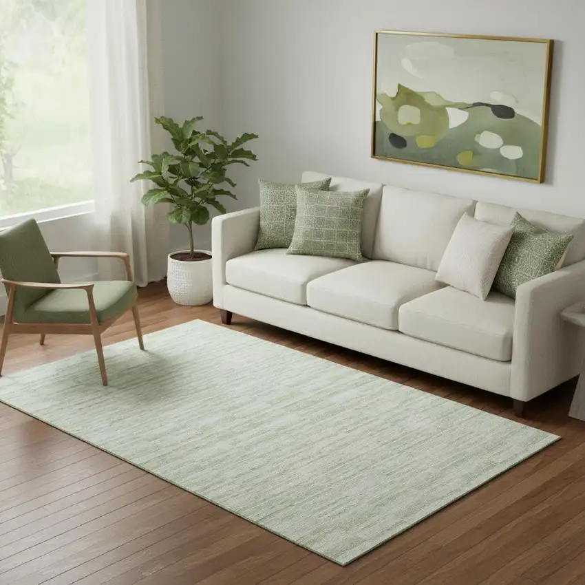 Sage And Ivory Striped Washable Area Rug With UV Protection Photo 1