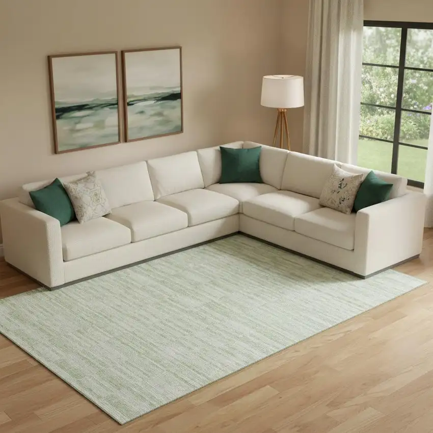 Sage And Ivory Striped Washable Area Rug With UV Protection Photo 1