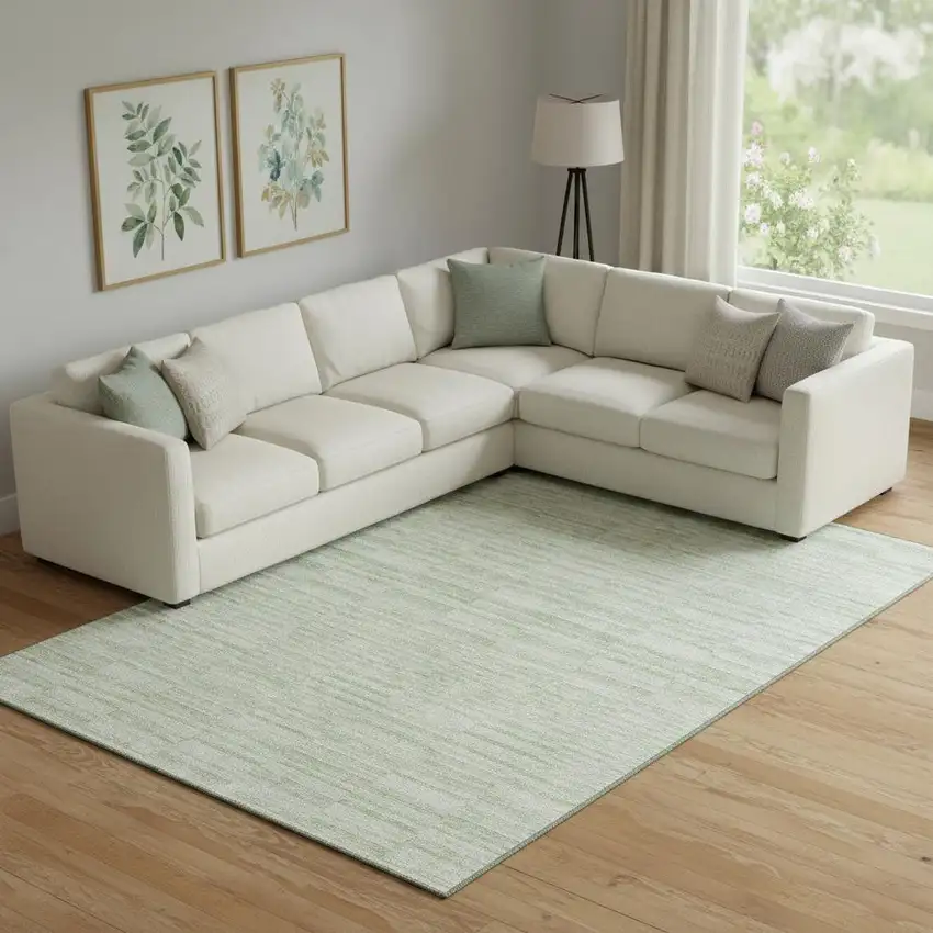 Sage And Ivory Striped Washable Area Rug With UV Protection Photo 1