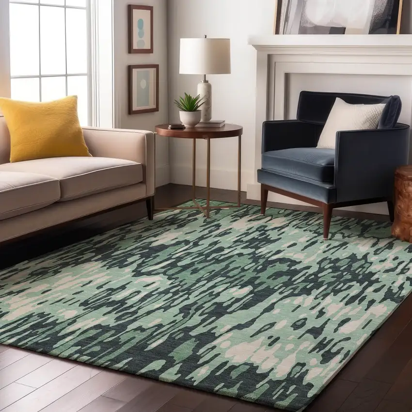 Sage And Ivory Striped Washable Area Rug With UV Protection Photo 4