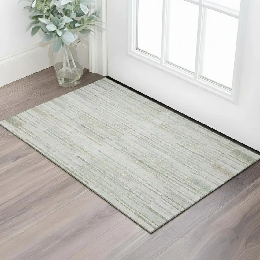 Sage And Ivory Striped Washable Area Rug With UV Protection Photo 2