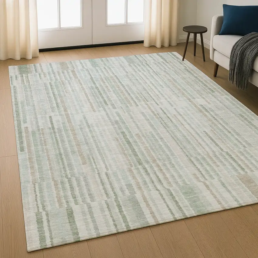 Sage And Ivory Striped Washable Area Rug With UV Protection Photo 5