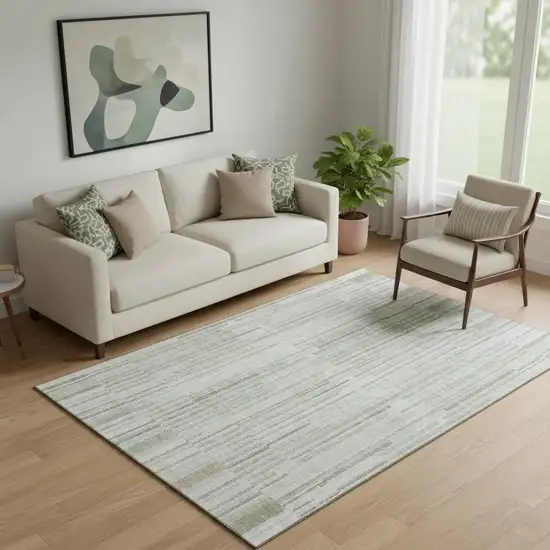 Sage And Ivory Striped Washable Area Rug With UV Protection Photo 2