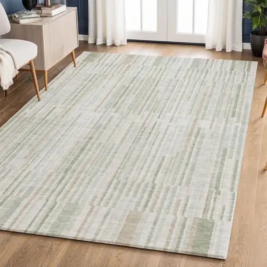 Sage And Ivory Striped Washable Area Rug With UV Protection Photo 5