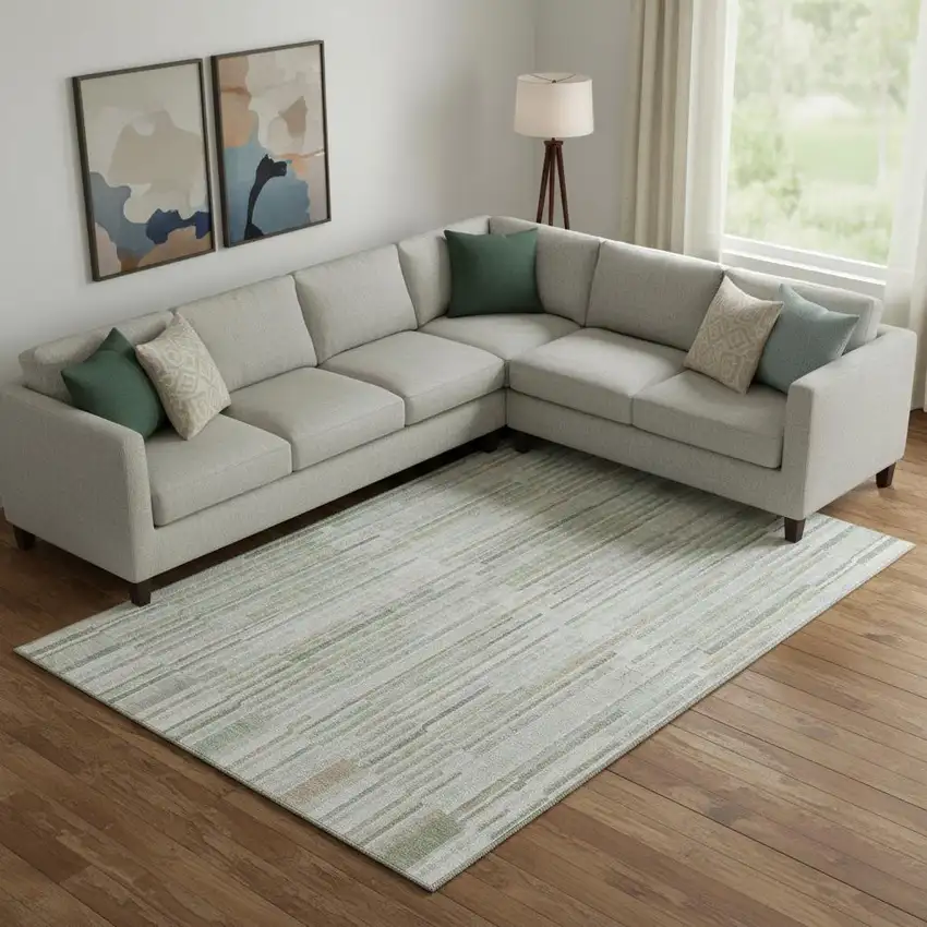 Sage And Ivory Striped Washable Area Rug With UV Protection Photo 2