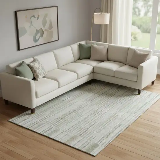 Sage And Ivory Striped Washable Area Rug With UV Protection Photo 2