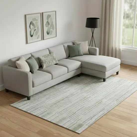 Sage And Ivory Striped Washable Area Rug With UV Protection Photo 2