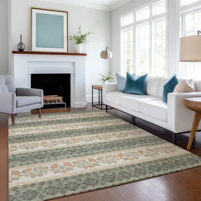 Sage And Ivory Striped Washable Indoor Outdoor Area Rug Photo 6