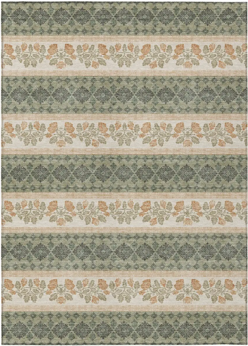 Sage And Ivory Striped Washable Indoor Outdoor Area Rug Photo 1