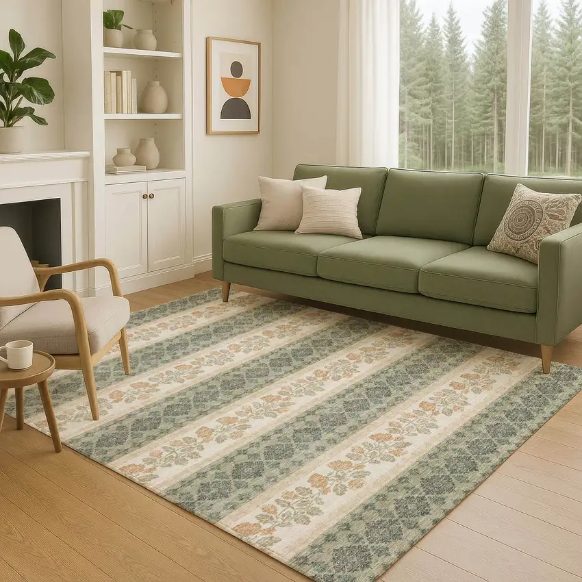 Sage And Ivory Striped Washable Indoor Outdoor Area Rug Photo 5